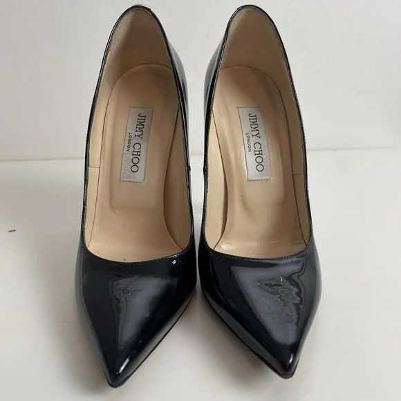 Jimmy Choo Black Patent Leather Pointed Toe Pumps Heels Size 38 Stiletto Classic - Picture 2 of 12